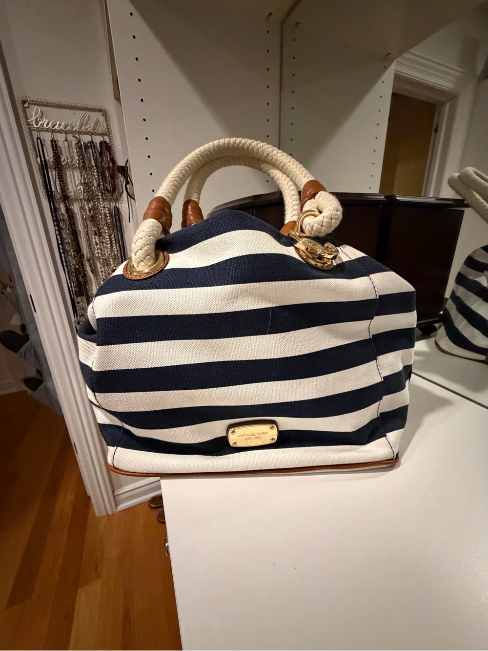 Michael Kors Navy and White Striped Canvas Rope-Handle Tote